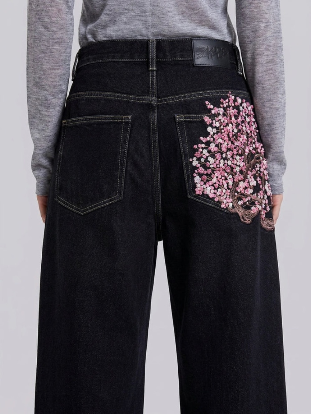 Y2K Dark Blue Cherry Blossom Pocket Baggy Wide Leg Jeans M